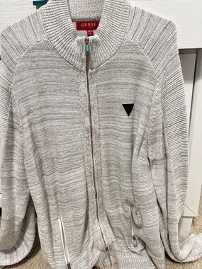 GUESS Light Gray/White Full-Zip Knit Cardigan ( men )